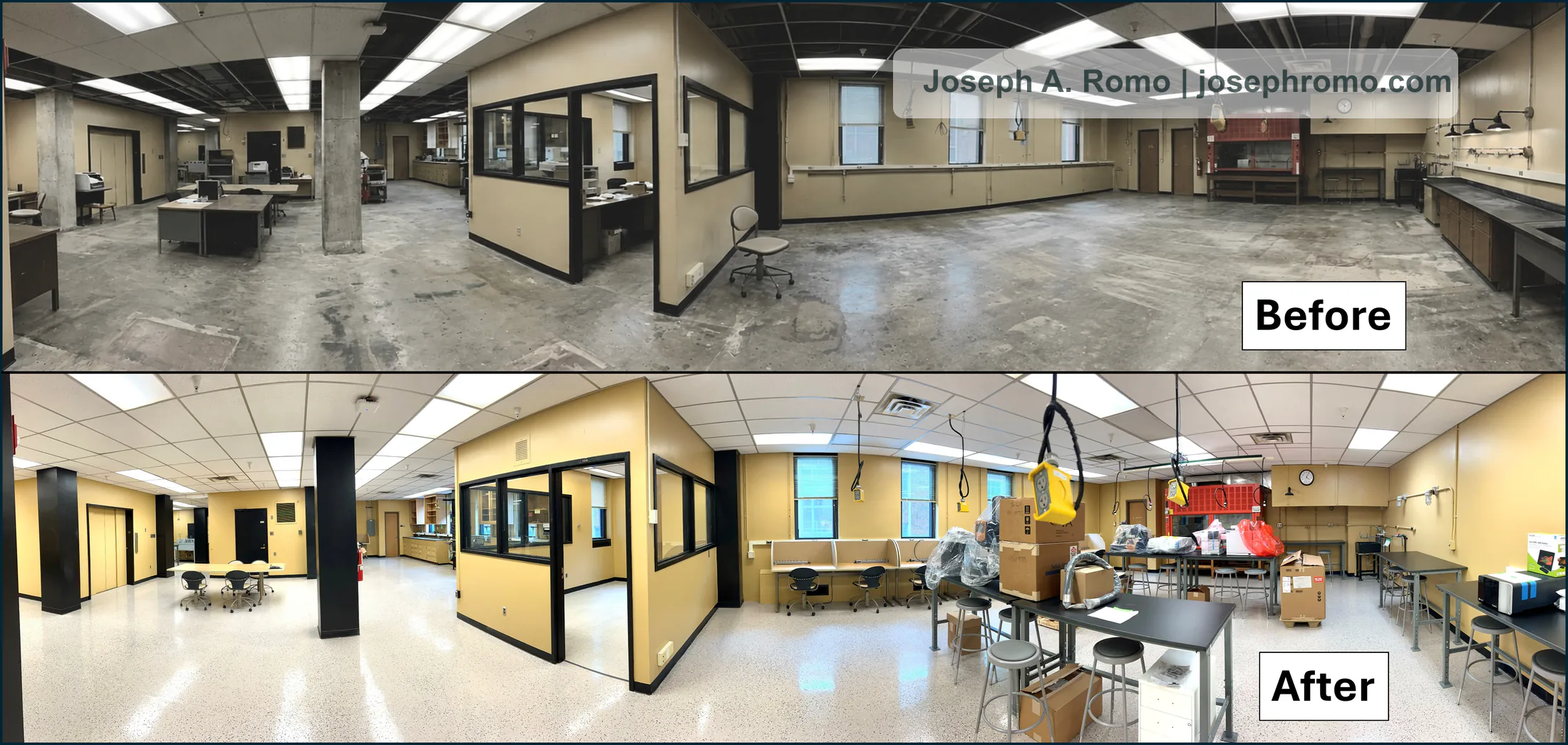 Before and after panoramic comparison of the research instrumentation facility buildout